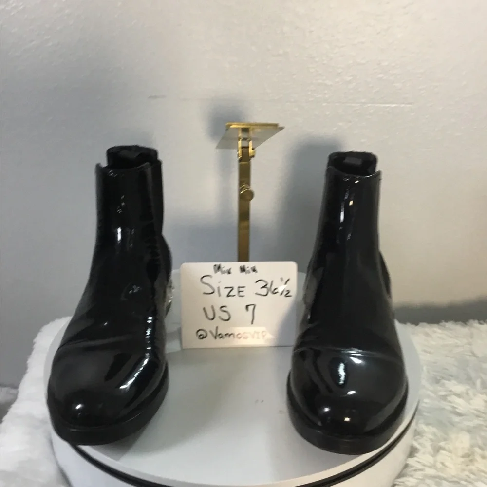 Miu Miu Patent Leather Black Ankle Boots with Crystal Heel Accent